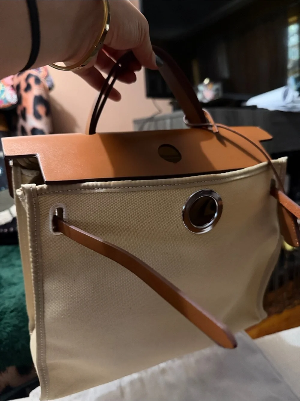 Cream Canvas and Brown Leather Top-Handle Briefcase with Silver Hardware